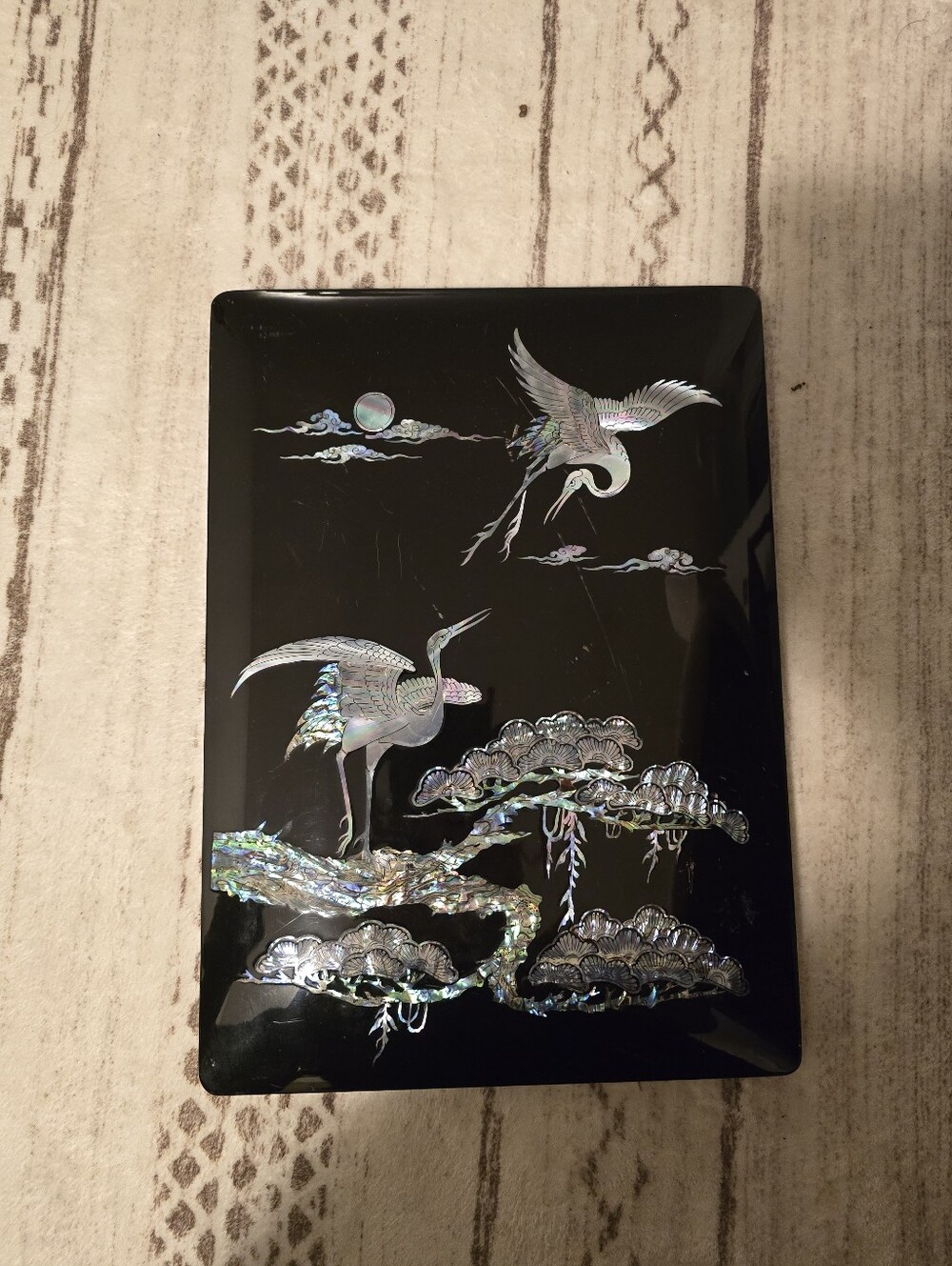 Vintage Asian Black Lacquer Wall Hanging Hand Painted Birds Flowers